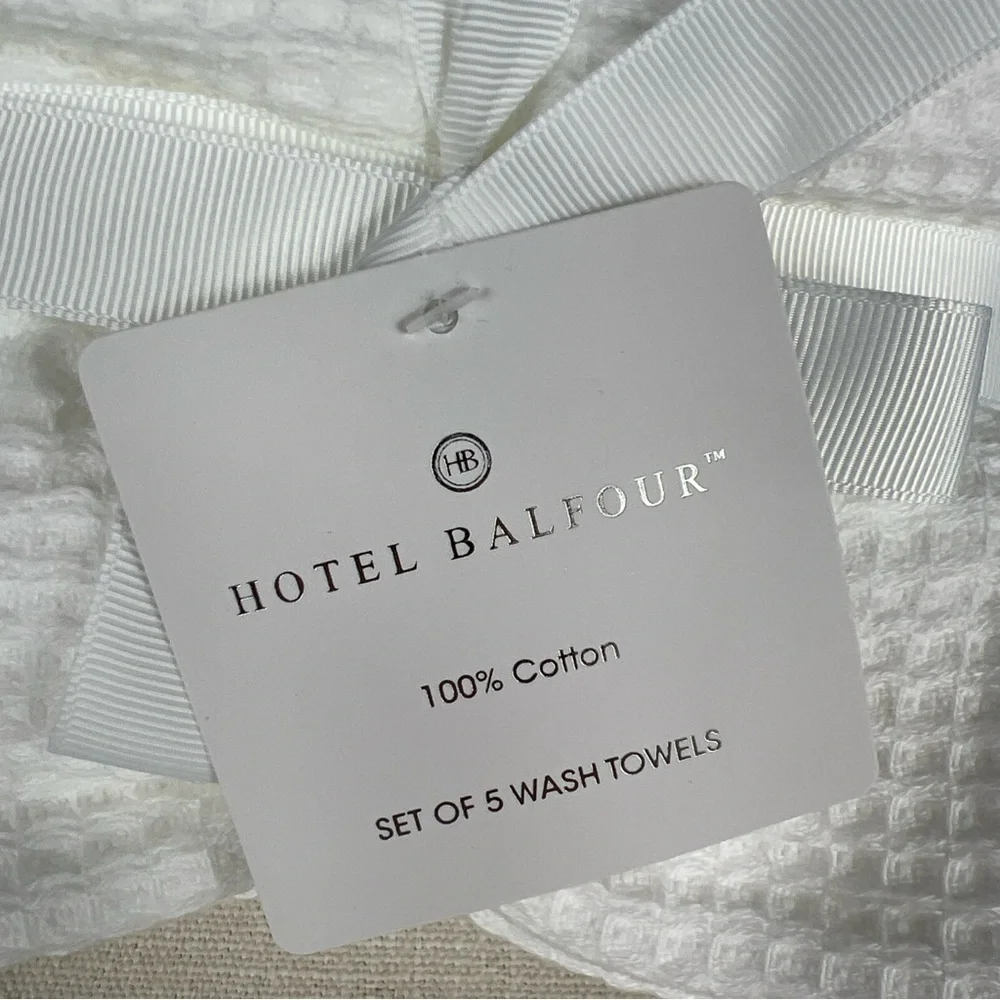 Hotel Balfour Wash Cloth Set Waffle Weave White 100% Cotton Luxury Spa 5 pc NEW